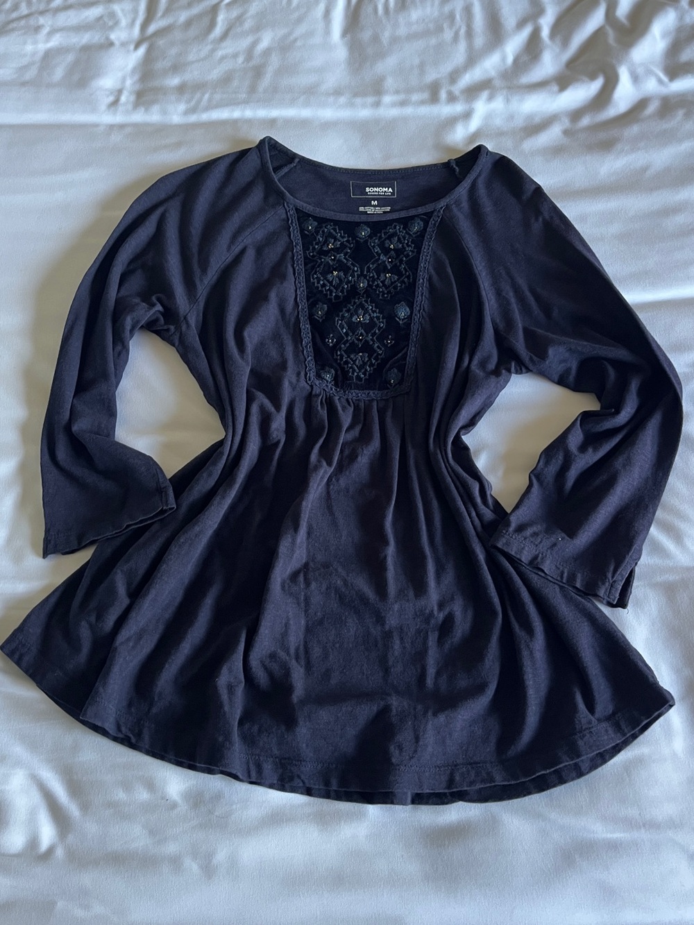 Sonoma Goods For Life Size M Dark Navy Blue Embroidered Babydoll Top